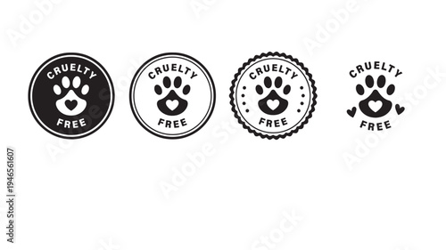 Cruelty free icons with paw prints and hearts, representing ethical and animal friendly products, rendered in black and white.