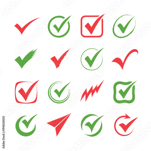 Colorful check marks and symbols in green and red approval