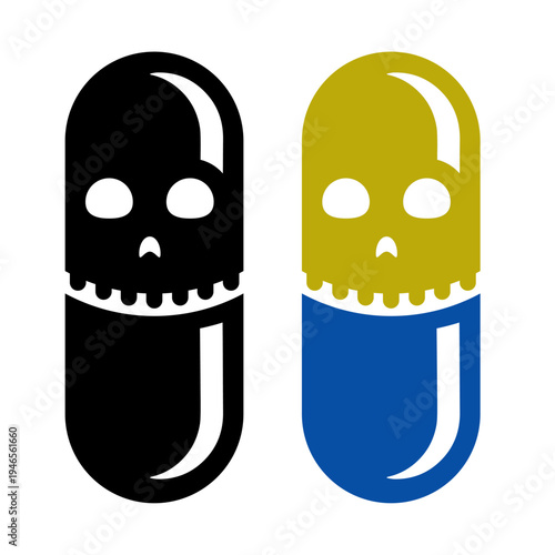 Skull Pill Icons, Poisonous Capsule Vector Illustration, Conceptual Drug Addiction and Danger Sign