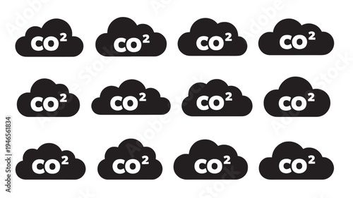 Clouds with CO2 text in white, representing carbon dioxide emissions, presented in a twelve icon grid pattern for environmental awareness.
