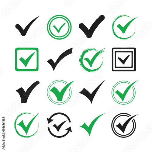 Green and black checkmark in various styles and shapes tick circle