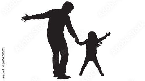 Silhouette of a father and daughter holding hands with arms outstretched in joy and celebration against a white background