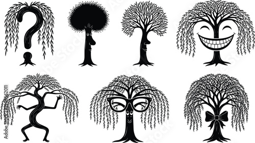 Anthropomorphic tree silhouettes, creative face trees, whimsical forest characters, human expression trunks, fantasy nature design, abstract botanical art, playful vector illustration set