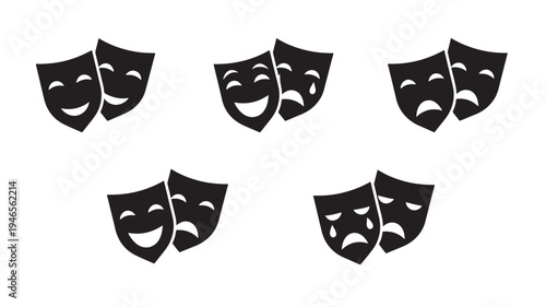 Theatrical masks representing comedy and tragedy are displayed in a black icon set against a white background.