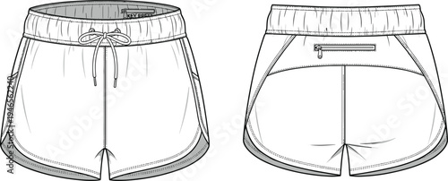 Athletic shorts technical flat sketch, front and back view, sportswear design illustration, fashion apparel drawing, activewear garment construction detail