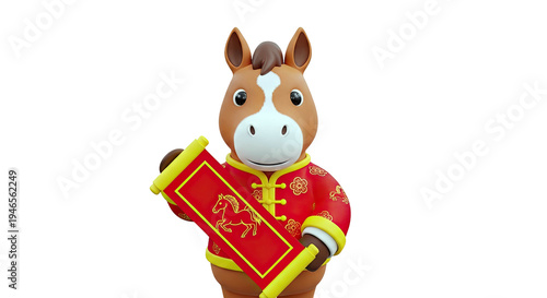 Cartoon horse in Chinese New Year attire holding a scroll