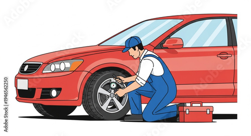 Mechanic changing car tire.