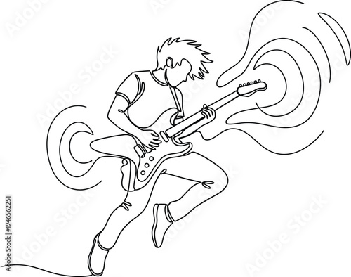 ​Continuous one line drawing of a rock guitarist jumping and playing electric guitar with abstract sound waves, minimalist music performer vector illustration