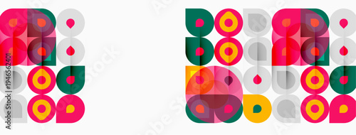 Geometric pattern repeats twice. Circles, squares, rectangles overlap creating vibrant design. Colors include pink, green, yellow, gray.