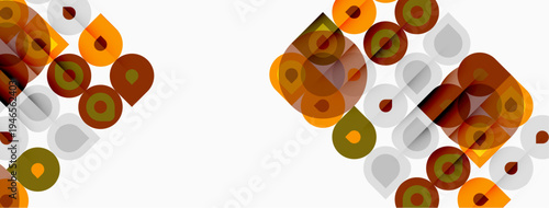 Abstract geometric pattern. Circles, squares overlap creating retro style design. Warm colors dominate neutral background.