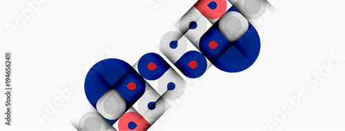 Abstract geometric shapes, blue, red, gray. Minimalist design, clean lines, modern aesthetic. Composition suggests movement, depth.