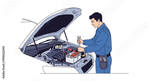 Mechanic Working on Car Engine.
