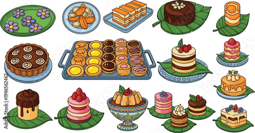 Assorted dessert illustration set, cakes, tarts, pastries, sweets on plates and leaves, festive food art, culinary decoration elements