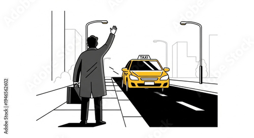 Man Hailing Yellow Taxi Cab.