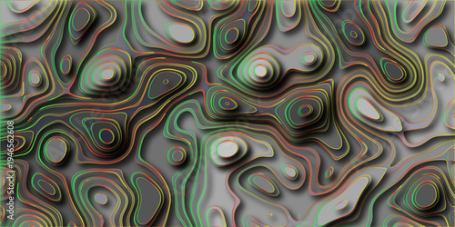 Abstract topographic map contour lines with vibrant neon green yellow and orange edges creating a layered dimensional effect on a textured gray background