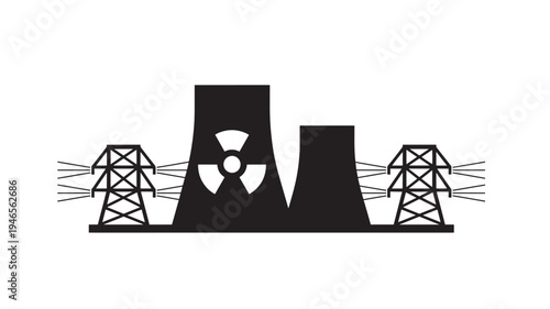 Nuclear power plant with cooling towers and electricity transmission towers, icon, black silhouette, industrial energy concept