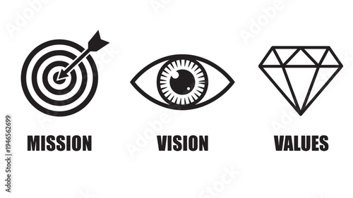 Icons for Mission, Vision, and Values with target, eye, and diamond symbols on white background. featuring bullseye, arrow, success with goal and aim