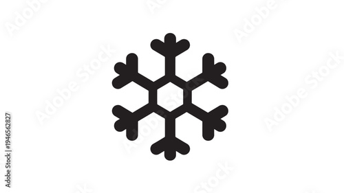 Snowflake icon with six pointed symmetry and rounded tips in solid black on a clean white background, representing winter and cold weather.