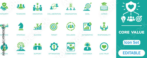 Core values and business ethics perfect solid icon set. Collection symbols for Integrity, teamwork, innovation, career, goal. Flat vector design for corporate culture and mission statements icons.



