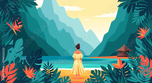 Exotic Tropical Beachfront Landscape Vector Illustration with a Woman Admiring the Scenic Mountains and Ocean View