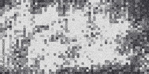 Pixelated abstract background in grayscale with a grainy texture and irregular block patterns creating a digital mosaic effect with varying shades of gray