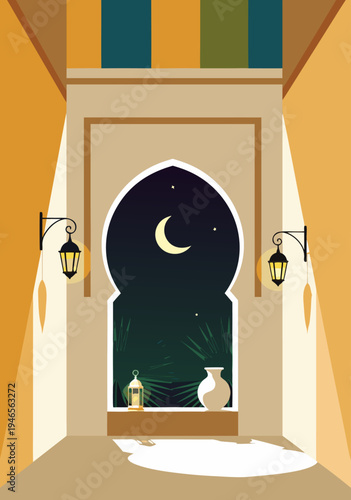 Enchanting Arabian Nights Vector Illustration of a Crescent Moonlit Night Sky through an Ornate Archway