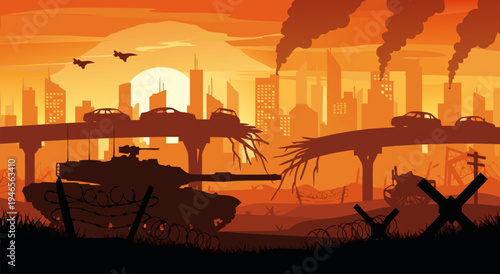 Post-Apocalyptic Cityscape Vector Illustration with Tank and Destroyed Bridge