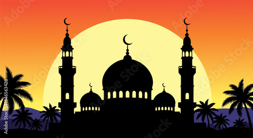 Beautiful Mosque Silhouette at Sunset - Ramadan Celebration Islamic Architecture Vector Illustration