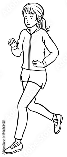 ランニングする若い女性のイラスト　線画