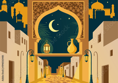 Ramadan street night scene vector illustration, Middle Eastern architecture, crescent moon, Arabic lantern, and pitcher for festive greeting cards and invitations