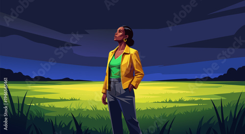 Stunning Vector Illustration of a Woman Gazing Upwards in a Field Under a Dramatic Sky