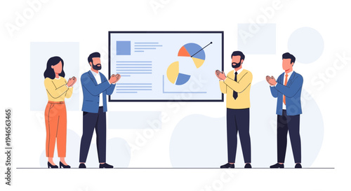 Business team applauding success near a presentation board with charts and graphs.