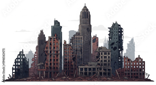 Abandoned City Skyline Ruins Buildings.