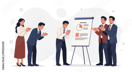 Business team applauding presentation success, celebrating achievement and teamwork