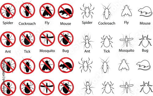 Pest control vector set collection group with insect rodent prohibition icons, bug mosquito rat cockroach symbol, no pest sign silhouette outline isolated design on transparent background.