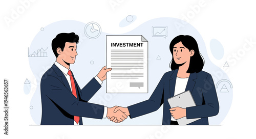 Business people shaking hands over investment contract document agreement