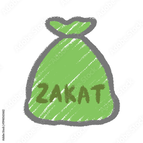 Crayon Hand Drawing of a Green Money Bag with Zakat Text, Eid Al Fitr, Eid Mubarak, Happy Eid