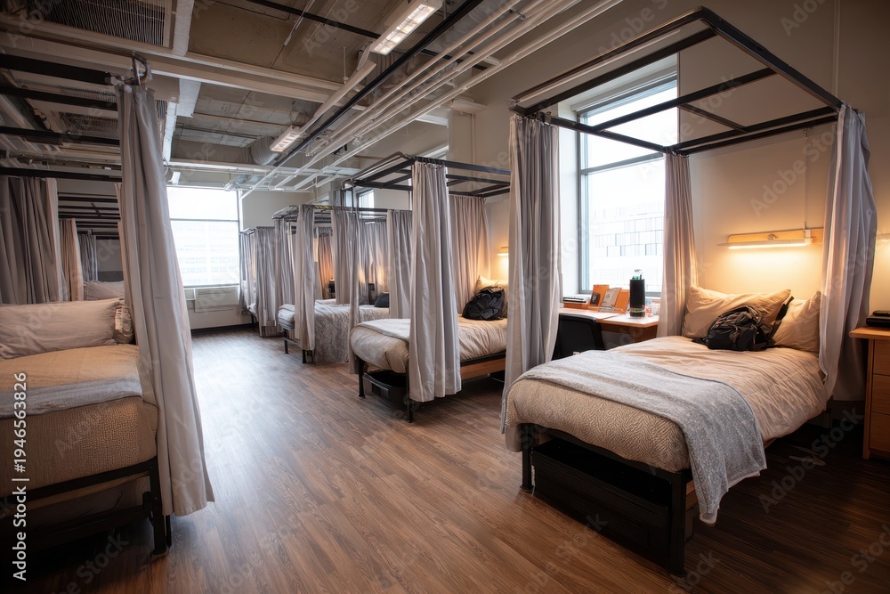 Fototapeta premium Bright shared dorm room with rows of beds and hanging curtains