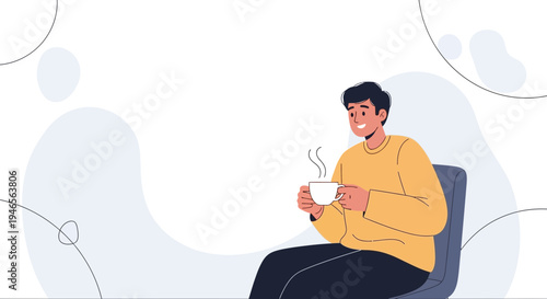 Man Sitting Relaxed Holding Coffee Cup with Steam, Casual Yellow Sweater