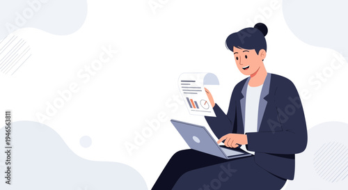 Businesswoman analyzing financial report on laptop, modern office background, successful career concept