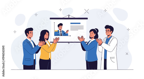 Diverse team applauds successful presentation on screen, celebrating achievement