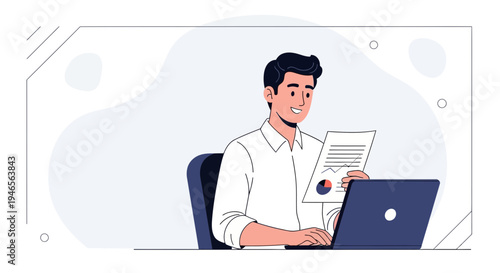 Man working on laptop with financial report, business analysis, office desk, modern workspace