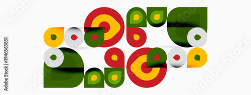 Abstract geometric shapes, vibrant colors, playful design. Circles, squares, curves create dynamic composition. Modern illustration.