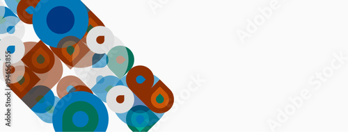 Abstract geometric shapes, circles, squares overlap. Colors include blue, brown, teal, white. Minimalist design, clean aesthetic.