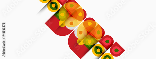 Abstract design features red shapes, circles, overlapping elements. Bright colors create dynamic visual composition. Simple geometry dominates.