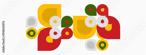 Abstract geometric shapes, vibrant colors, playful composition. Circles, squares, overlapping forms create modern design.