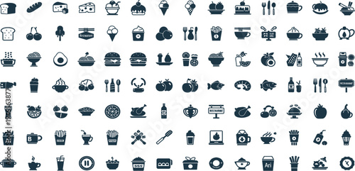 Food and Beverage Icon Set with Fast Food, Fruits, Drinks, Desserts, and Restaurant Symbols Vector Silhouette Collection for Menu and Cafe Design
