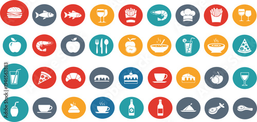 Food and Drink Icons Set in Color Circles – Restaurant Menu, Fast Food, Dessert, Beverage and Kitchen Symbol Collection Vector Illustration