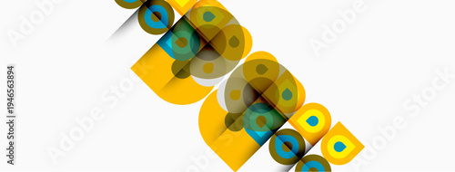 Abstract geometric shapes, yellow circles with blue centers, diagonal arrangement. Minimalist design, clean lines, modern aesthetic.