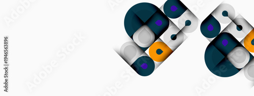 Abstract geometric shapes overlap, creating modern design. Circles, squares, rectangles present dynamic composition. Colors include teal, orange, purple, gray.
